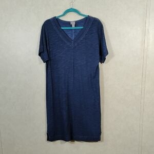 01114 Chico's navy blue cotton lace trim S/S v-neck dress 1 M NEW